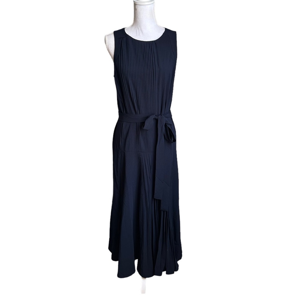 Lalavon. Navy Blue Pleated Front Belted Waistline Dress Size Medium
